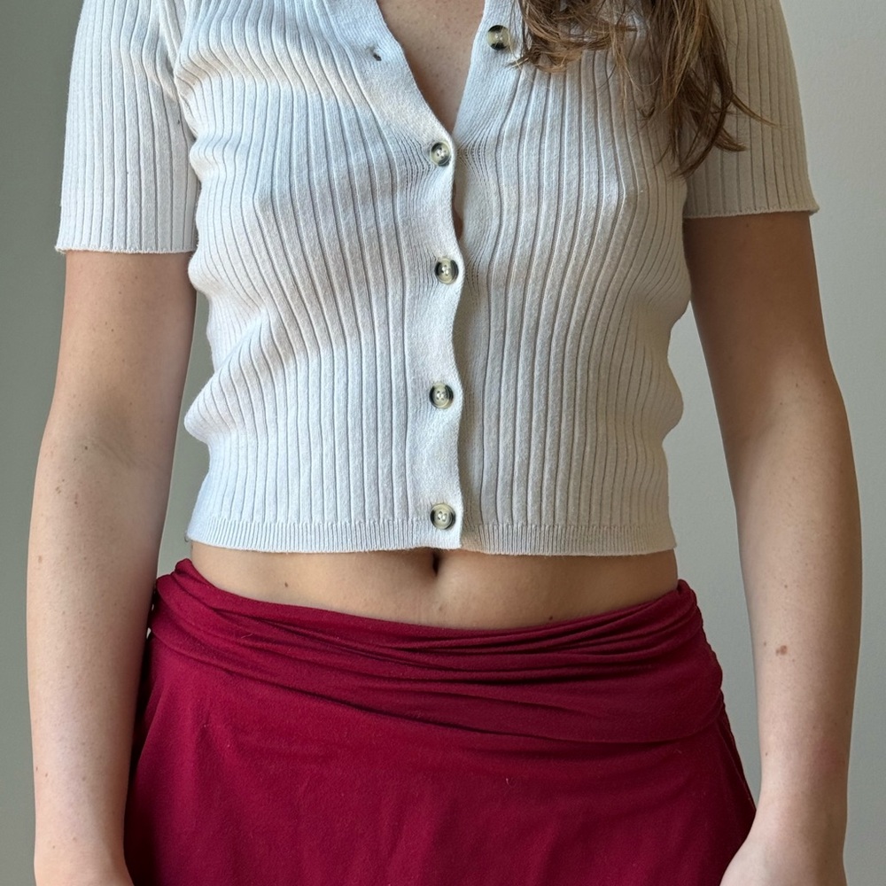 White Ribbed Button-Up Cardigan